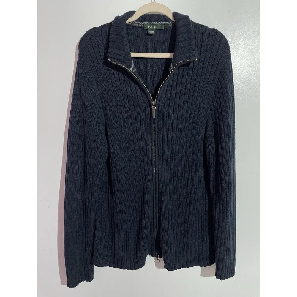 J Crew Cardigan Sweater Mens XL Blue Ribbed Full Zip‎ Mock Neck Preppy Academia